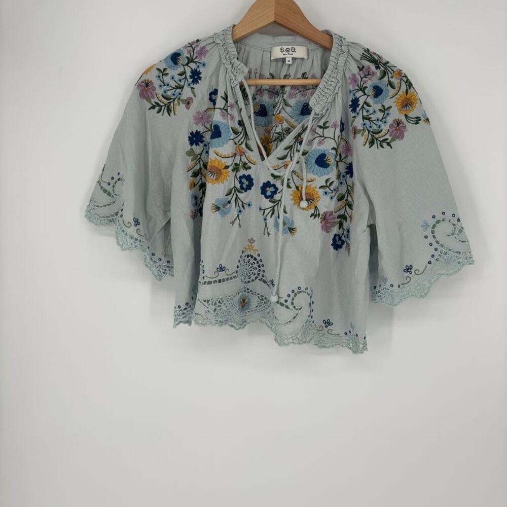 Sea New York Pale Blue Floral Embroidered Peasant Blouse